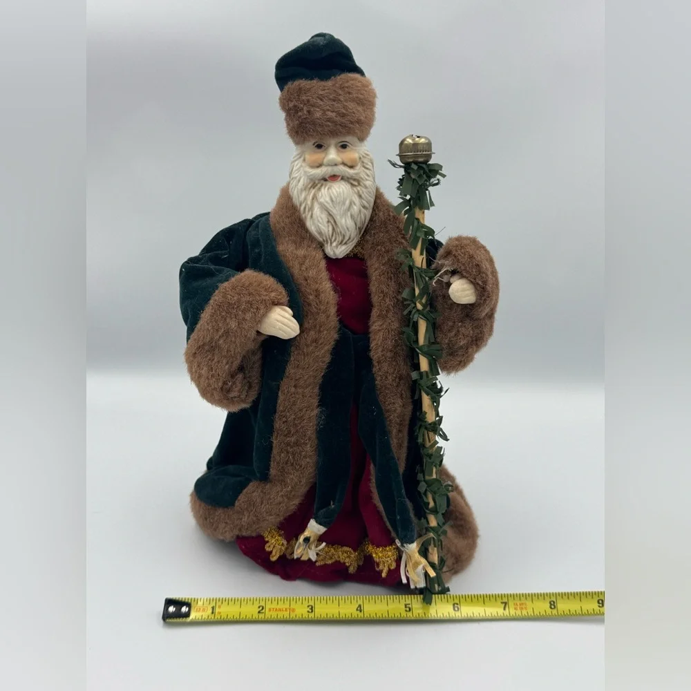 Vintage Victorian Santa Tree Topper Figure Red‎ Green Fur Trim Ceramic Face